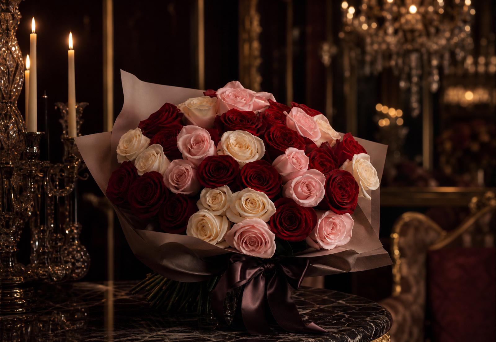 Hand-tied bouquet of red, pink and cream roses